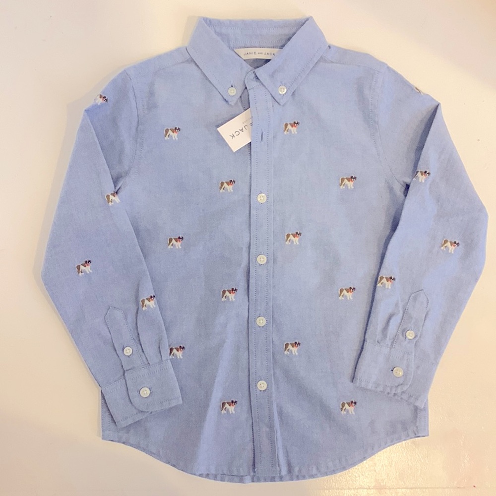 NWT Size 4.smoke-free,pet-free home. Blue button down with dog embroidery.